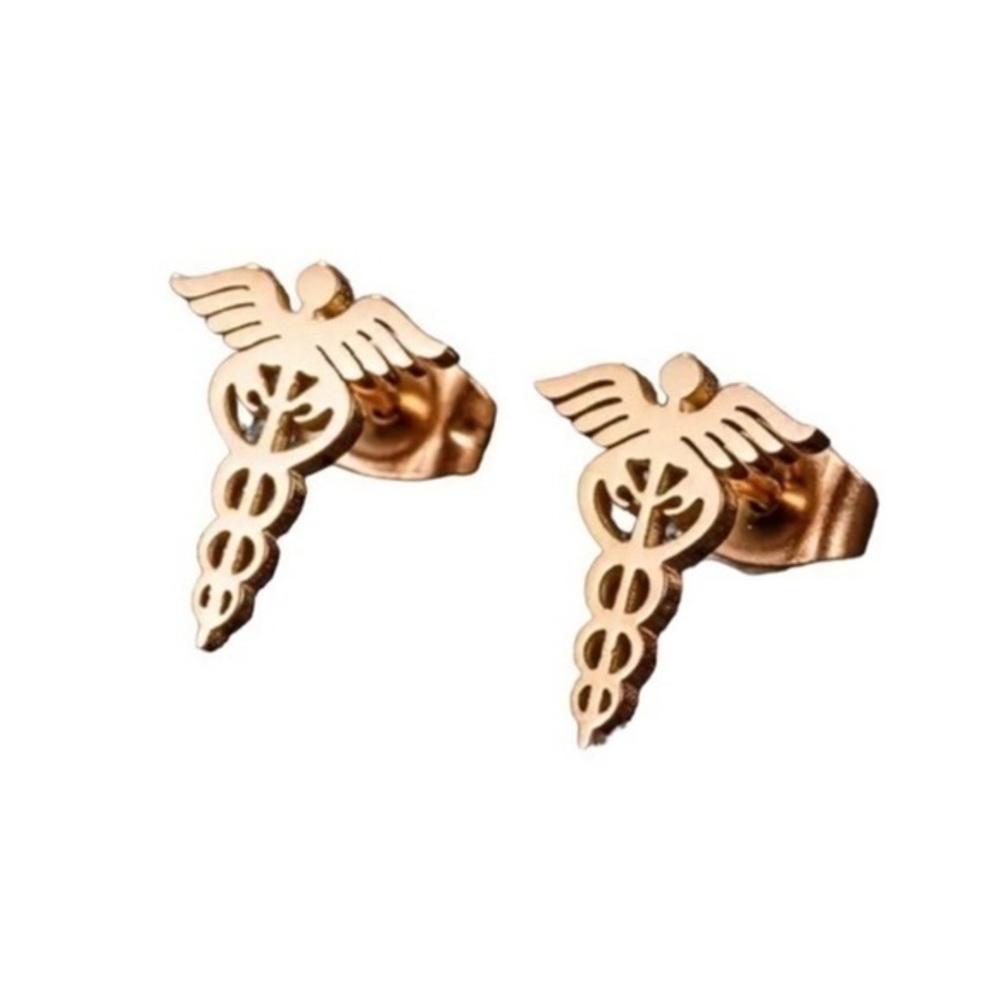 Medical Symbol “Caduceus” stainless steel earrings - ROSE GOLD TONE